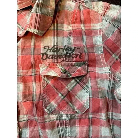 Harley Davidson Short Sleeve Plaid Button-Up Shirt - b42 - Picture 9 of 9